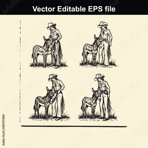 four vintage vector illustrations of a cowboy or rancher standing next to a donkey or burro, presented as an editable eps file set