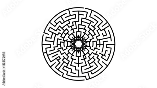Circular Maze Design: Complex Labyrinth Illustration on White Background for Puzzles