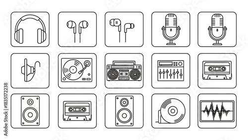 Collection of minimalist line art music icons showcasing audio and sound equipment variety