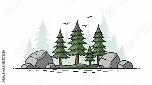 Pine Trees and Rocks in a Forest Landscape Illustration.