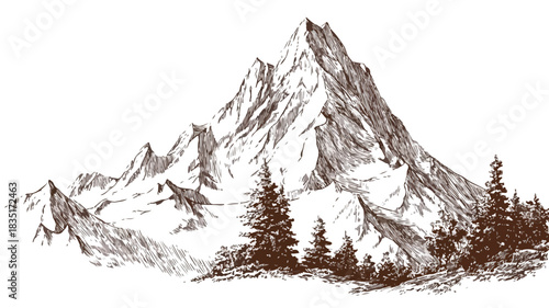 Majestic Mountain Landscape Drawing with Distant Mountain