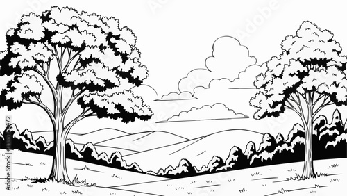 Two large trees with lush foliage stand prominently in a natural setting.