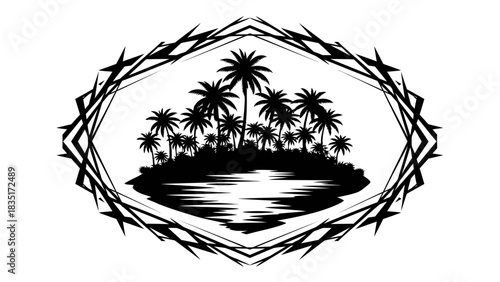 Silhouette tropical island illustration with palm trees in decorative frame