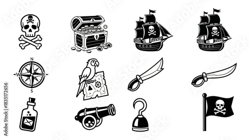 Collection of Pirate Themed Vector Graphics in Black and White for Illustration Purposes