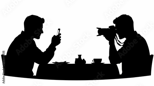 Silhouettes of two men at a table, one using a smartphone and the other taking a photo with a camera.