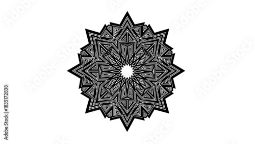 Intricate geometric mandala design with a bold black and white color scheme concept