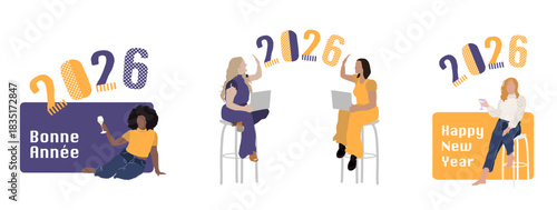 Jeunes femmes qui se souhaite une bonne année 2026, avec une coupe de champagne pour une réussite professionnel et de la sonorité. Illustration vectorielles a utilisé pour des cartes de voeux ou banni