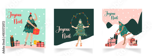 Ensemble de cartes illustrées avec des femmes déguiser en sapin de Noel qui distribue des cadeaux. Inscription joyeux Noel dans un décors coloré et lumineux