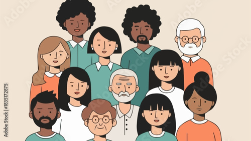 Hand drawn portrait of a diverse group of individuals.