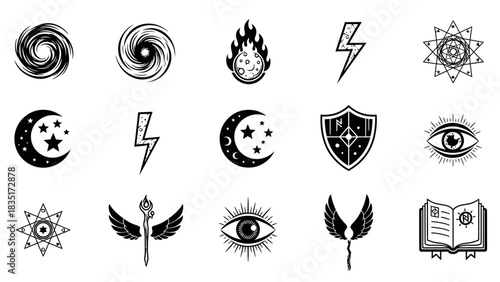 Mystical and Magical Symbols Collection in Black and White for Fantasy Design Elements