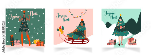 Cartes de Noël avec des personnages festifs déguisés en sapin dans un décors féerique pour les fêtes de fins d'années, avec des cadeaux, neige, luge, guirlande, bougie