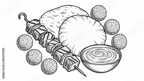 Delicious Middle Eastern Food Platter with Skewers and Dip.