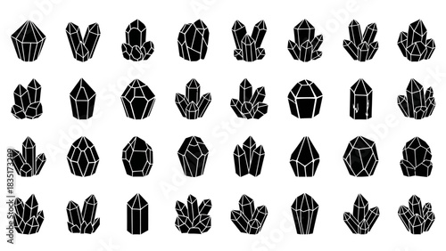 Seamless Pattern with Various Black and White Crystal Gemstone Illustrations