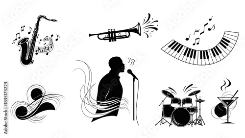 Black and white vector musical icons, perfect for music themed design projects or advertisements
