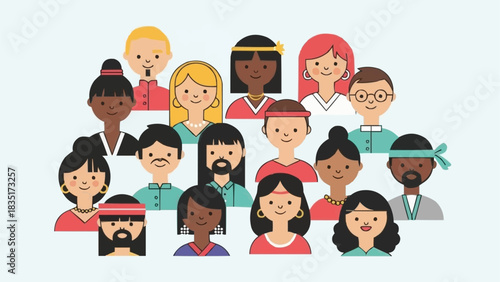 A diverse collection of multicultural character avatars smiling.