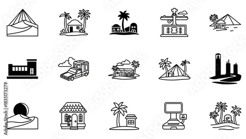Collection of diverse vector line art icons representing various buildings and landmarks