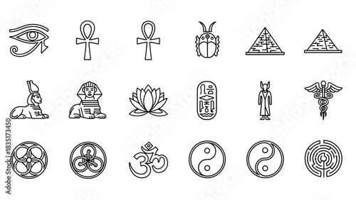 Collection of Line Art Iconography featuring Egyptian, Spiritual and Symbolic Elements