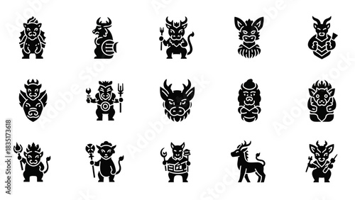 Mythical creatures and monsters icons set in glyph style for graphic design use