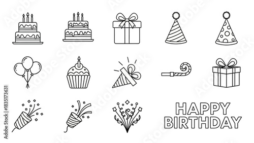 Outline vector set with birthday party elements representing celebration and happiness