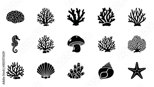 A Collection of Undersea and Terrestrial Organisms Black and White Icon Set