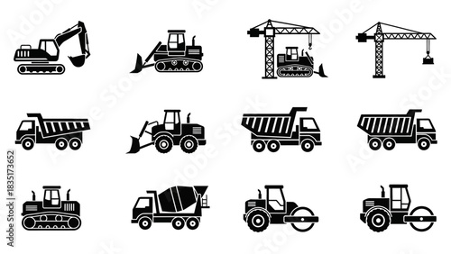 Black and white construction vehicle set icons collection with excavator bulldozer crane cement