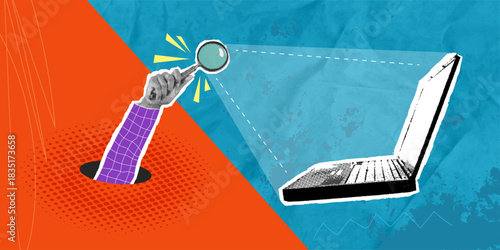 A trendy halftone pop art collage featuring a hand with a magnifying glass and a laptop. Conceptually, it suggests fraud and espionage.