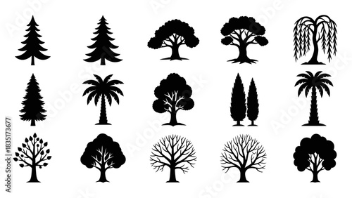 Various silhouettes of trees showcasing diverse species and shapes for forestry and design purposes