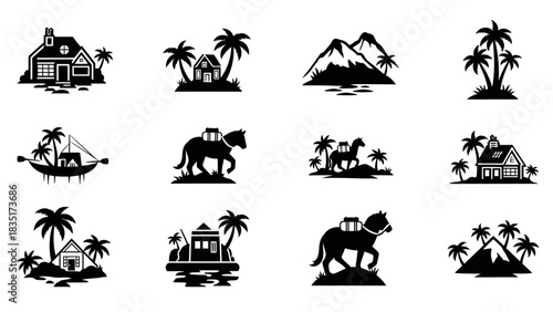 Collection of Black and White Tropical Landscape and Travel Themed Icons Minimalist Design Style