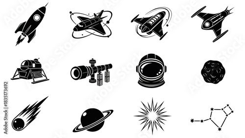 Collection of space exploration icons, black and white illustration, symbols of space travel and