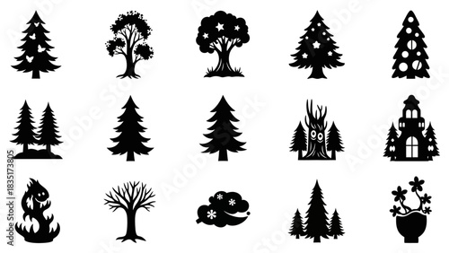 Diverse collection of vector tree silhouettes against a clean white background