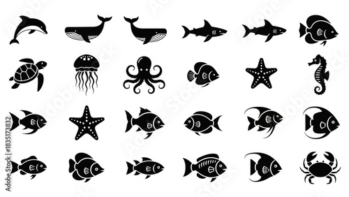 Silhouette Collection of Sea Animals and Fish Vector Illustration Pattern Ocean life graphics
