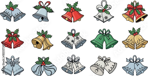 Christmas Bells Vector Icons Set, Holiday Decoration, 2D Illustration