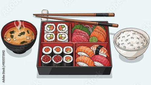 Delicious Japanese Bento Box with Sushi Sashimi and Miso Soup.