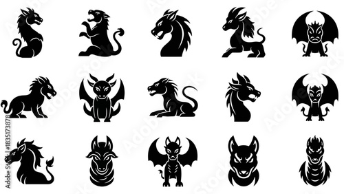 Collection of Mythical Creatures and Dragons Silhouette Vector Illustration Artworks