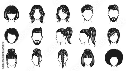 Diverse hairstyles silhouette collection showcasing various cuts styles for women and men