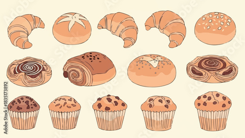 Assortment of Delicious Baked Goods and Pastries.