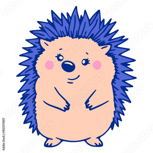 Illustration of a cute cartoon hedgehog with blue spines and pink cheeks standing upright smiling sweetly