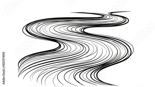 Abstract wavy lines creating a dynamic visual pathway with black strokes on white plain background
