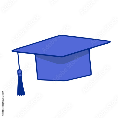 A blue graduation cap with a tassel is displayed on a white background in a cartoon style drawing