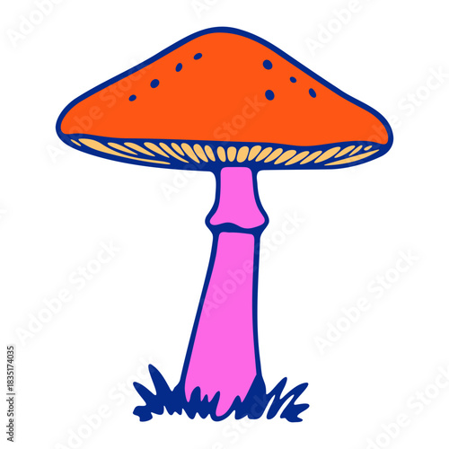 Illustration of a vibrant orange mushroom with pink stem and blue grass on a white background art