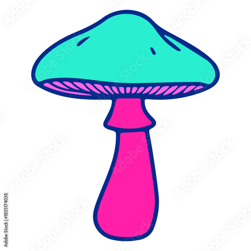 Illustration of a mushroom with a turquoise cap and a pink stem on a white background design art