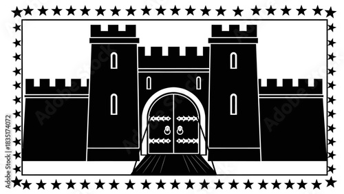Illustration of a black and white medieval castle with a star border design element