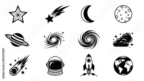 Collection of space themed vector icons featuring stars, planets, rockets, and astronaut helmets
