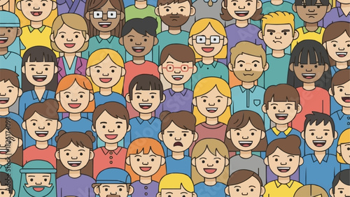 Diverse group of cartoon people smiling and looking forward.