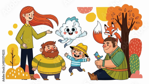 Diverse Group of Cartoon Characters and Autumn Elements.