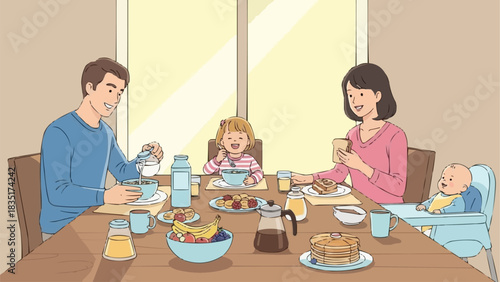 Family enjoying breakfast together at the dining table in the morning.