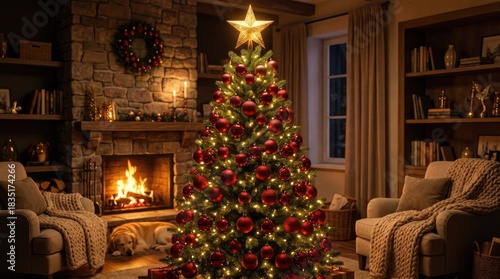 Cozy Christmas Living Room with Decorated Tree and Fireplace