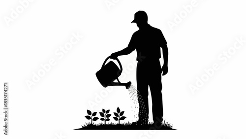 Silhouette of a farmer watering young plants in a garden.