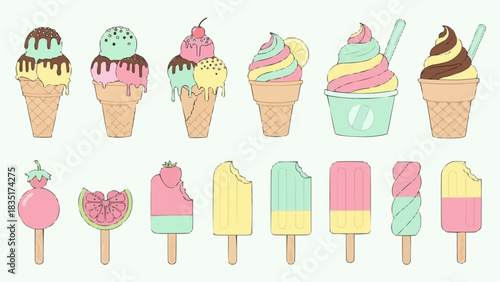 Colorful Assortment of Ice Cream Cones and Popsicles.