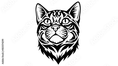 Cat Portrait: An artistic black and white illustration of a cat's head, showcasing intricate patterns and bold linework, capturing the feline's unique features and enigmatic gaze.